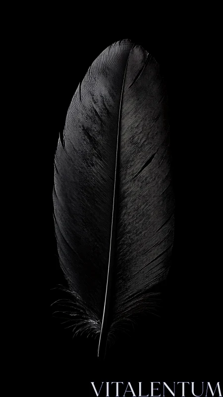 Single dark feather glows gently against deep black background.