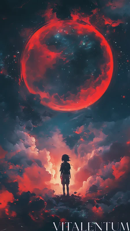 Child silhouetted under a burning red moon in stormy cosmos
