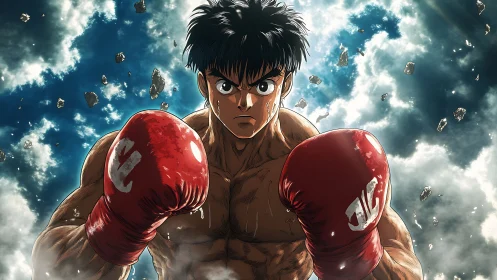 Determined anime boxer squares up amid shattered sky