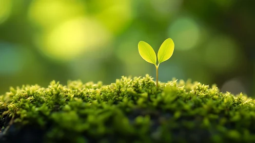 Photorealistic macro of seedling emerging from moss bed.