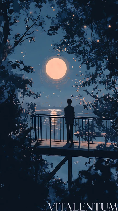 Moonlit loner on a forest balcony, listening to silver water.