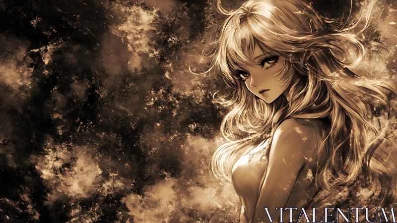 Golden-haired anime heroine amid storm of burning light.