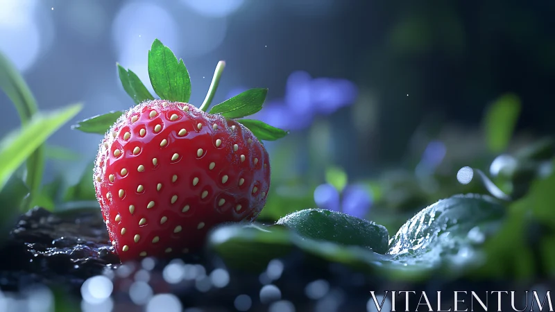Morning dew crowns a strawberry like a tiny forest jewel
