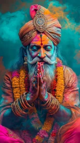 Radiant holy man rests in vibrant colors and peaceful prayer