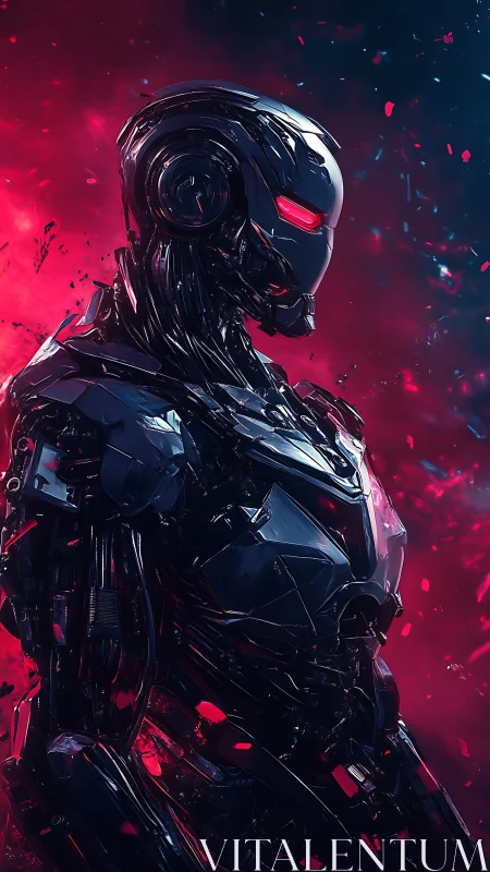 Humanoid combat robot in red and blue digital environment.