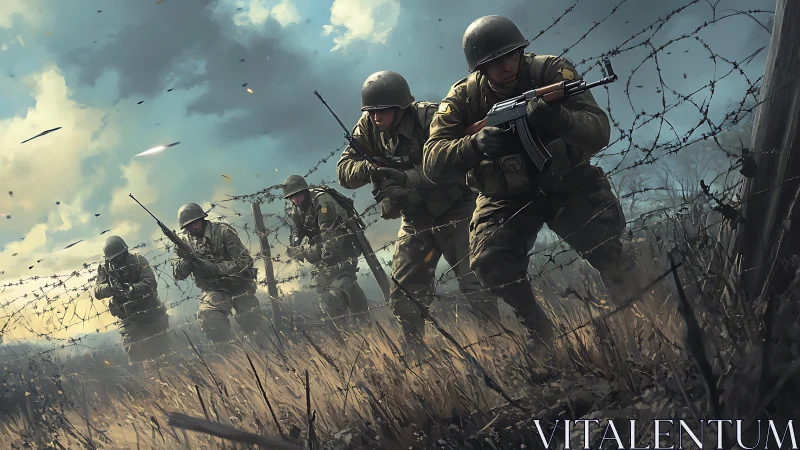 Storm-line soldiers race through wire and wind toward fire.