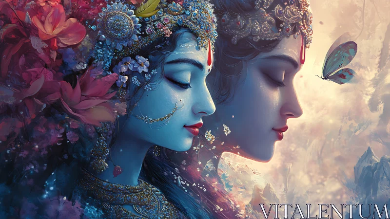 Two blue-skinned women in ornate floral crowns face profile