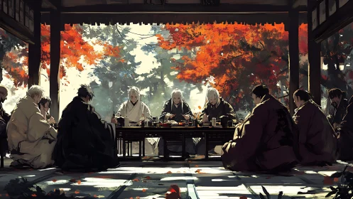 Samurai group seated for meal in open pavilion setting.