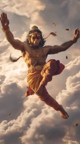 Sky-leaping monkey warrior drenched in molten sunset light.