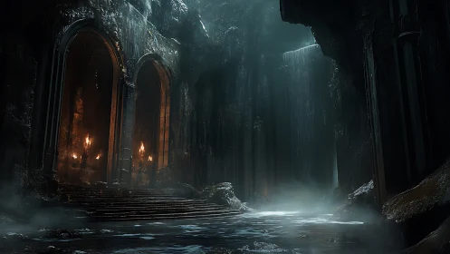 Stone cavern hall shows waterfalls, arches, and torchlight