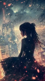 Silhouetted girl over burning night city skyline at dusk.