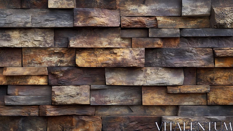 Rustic stacked stone wall with earthy tones, natural texture.