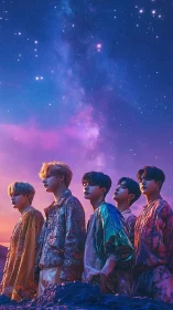 Stargazing pop idols shine beneath a vivid galactic sky.