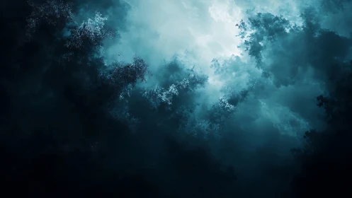 Dense blue cloud formations with central light opening.