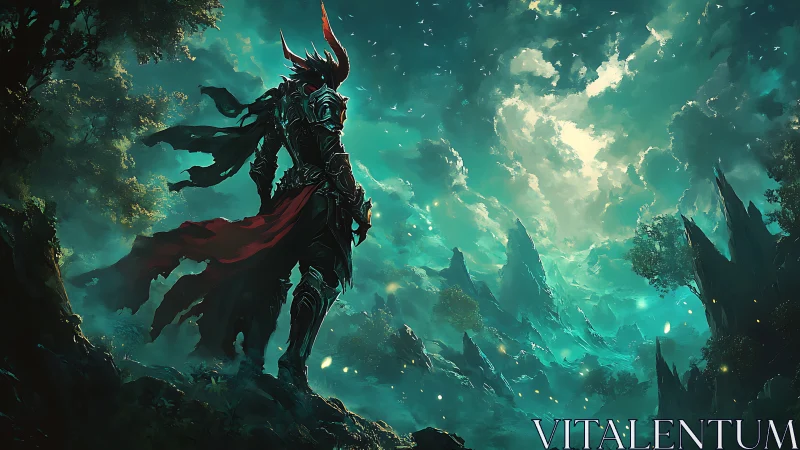 Armored dark knight overlooks stormlit emerald fantasy valley.