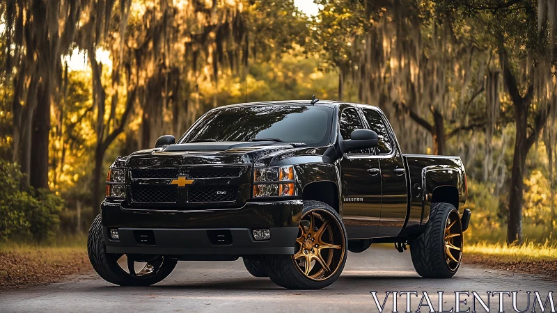Custom black Chevy pickup with bronze off-road wheels.