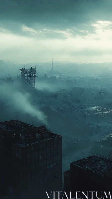 Mist-drowned future cityscape under a brooding teal sky.