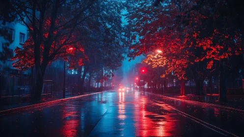 Rainy city street under red and blue neon lights at night.