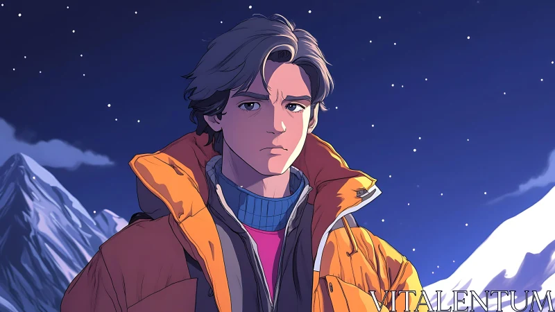 Calm winter traveler gazing at stars in a snowy night sky.