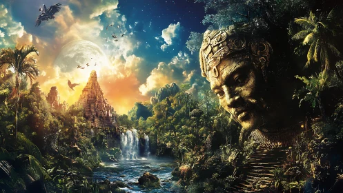 Mythic jungle temple with colossal stone head and twin waterfalls
