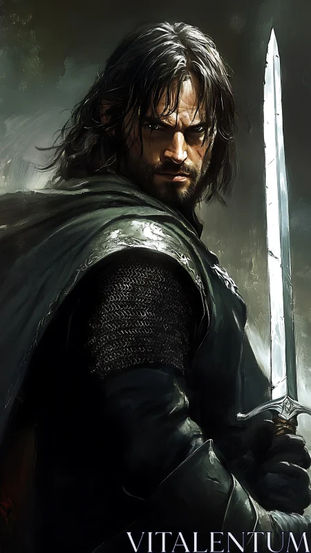 Brooding warrior stands ready with steel and steady resolve.