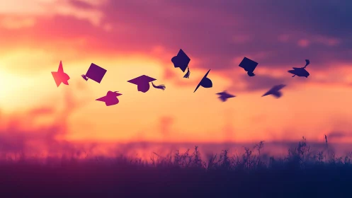 Graduation caps arc across colorful sunset sky in silhouette