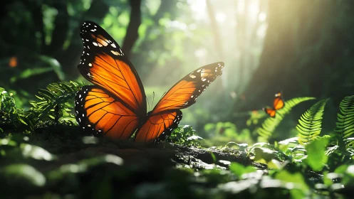 Glowing forest butterfly resting gently in sunlit ferns.