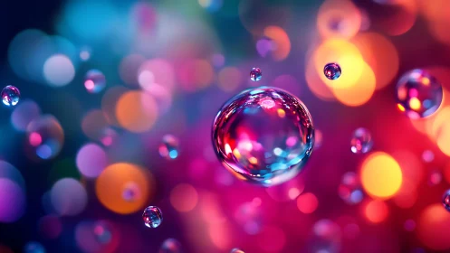 Chromatic liquid spheres over neon bokeh gradients.