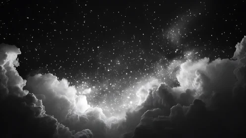 Starlit clouds open a luminous window into the night sky