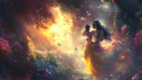 Celestial figures amid golden luminescence and cosmic particles