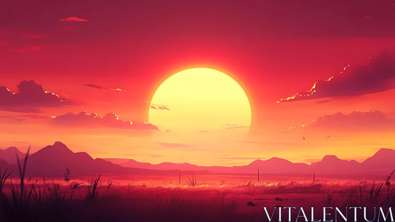 Colossal peach sunset swallowing a quiet crimson prairie.