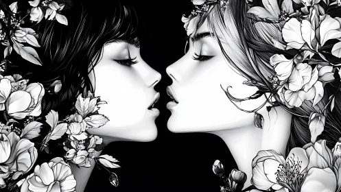 Two Women Facing in Profile with Floral Surroundings