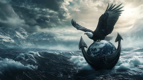 Stormy ocean tableau shows eagle on globe cradled by anchor