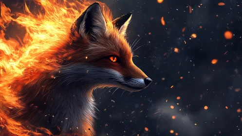 Digital render depicts fox profile integrated with stylized fire