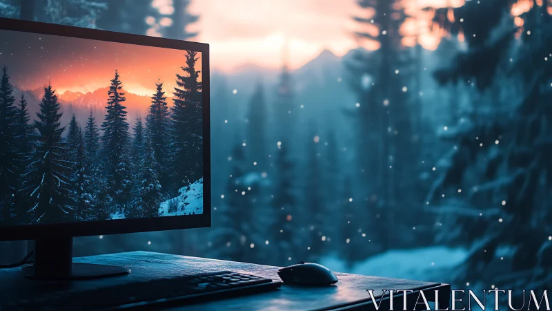 Winter forest desktop monitor with cinematic color contrast.