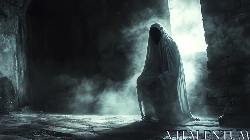 Shrouded specter haunts ruined stone hall in cold mist.