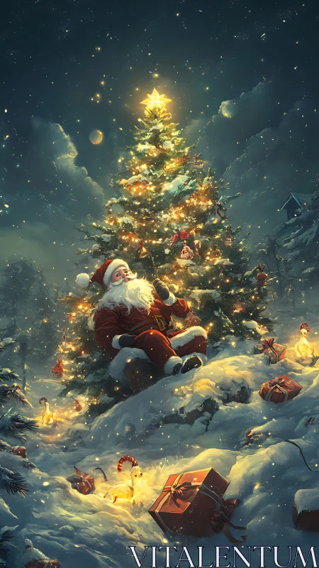 Santa rests beneath luminous snowlit Christmas tree