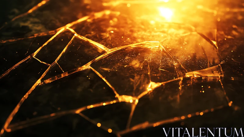 Shattered glass surface under intense warm backlight.