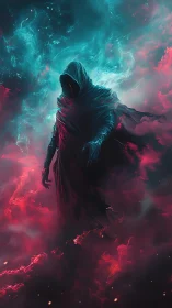 Spectral hooded entity in bifurcated cyan‑crimson nebular field.