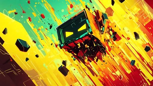 Exploding neon cube streaks through a chaotic cosmic sky