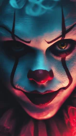 Clown face in close-up under mixed red and blue lighting