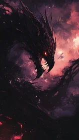 Dark winged dragon silhouette in red-tinged storm clouds.