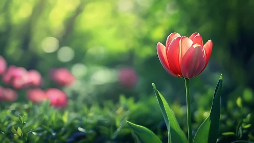 Red Tulip in Sunlit Garden with Bokeh Background.