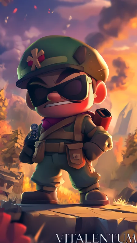 Cartoon commando hero posed in glowing autumn battlefield.