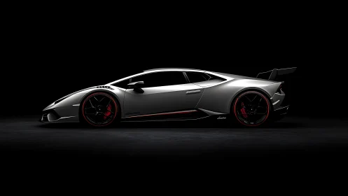Silver performance supercar in dark studio side profile.