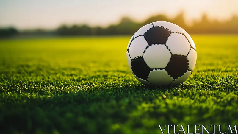 Sunlit football on low-cut turf with shallow depth of field.