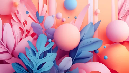 Soft pastel leaves and spheres create a playful abstract garden