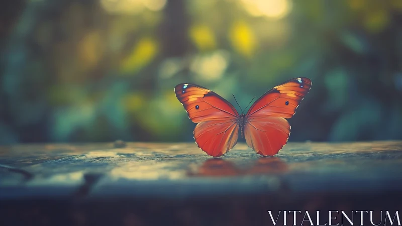 Solitary orange butterfly poised on sunlit wooden ledge.