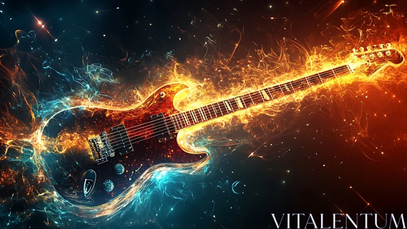 Electric guitar blazes with fire and sparks in vivid motion