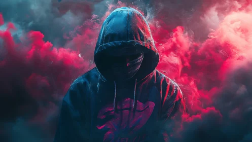 Hooded cyber figure emerging through neon smoke clouds.